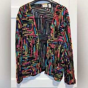 Women's CHICO'S Stripes Embroidered Mesh Open Front Jacket Size 3 Colorful Y2k